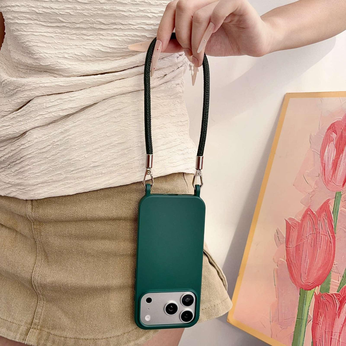 For iPhone 15 Plus Integrated Lanyard Loops Shockproof Silicone Phone Case with Leather Hand Lanyard - Dark Green - EDA009745911M
