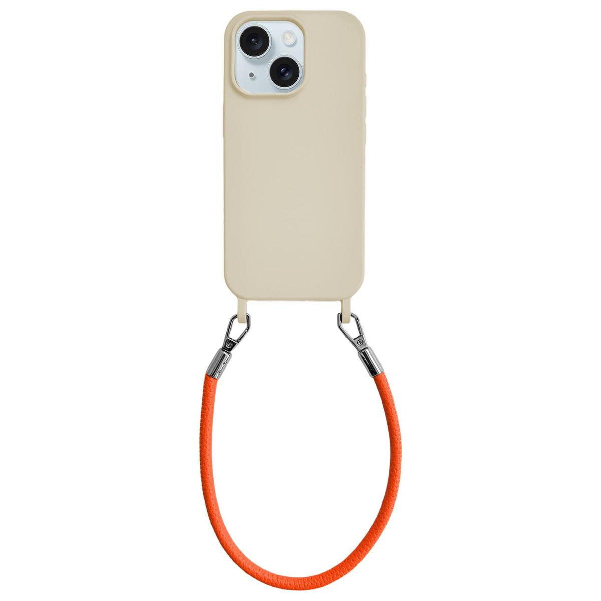For iPhone 15 Plus Integrated Lanyard Loops Shockproof Silicone Phone Case with Leather Hand Lanyard - Beige + Orange - EDA009745911N