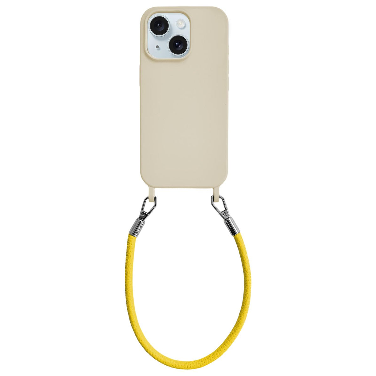 For iPhone 15 Plus Integrated Lanyard Loops Shockproof Silicone Phone Case with Leather Hand Lanyard - Beige + Yellow - EDA009745911O