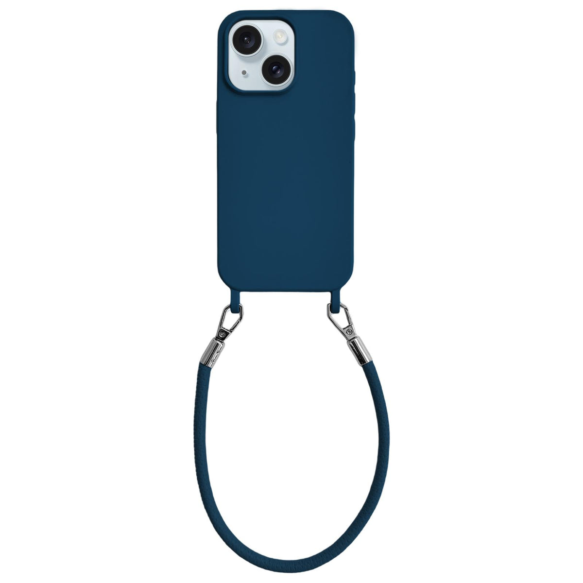 For iPhone 15 Plus Integrated Lanyard Loops Shockproof Silicone Phone Case with Leather Hand Lanyard - Blue - EDA009745911P