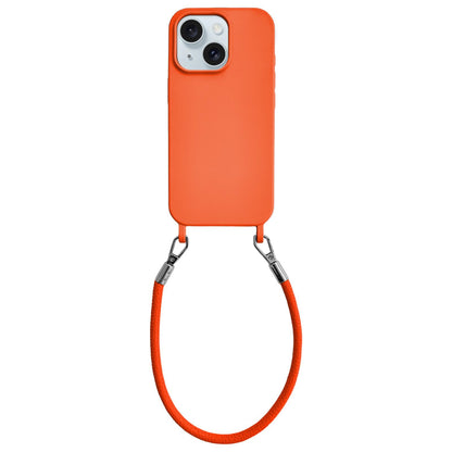 For iPhone 15 Plus Integrated Lanyard Loops Shockproof Silicone Phone Case with Leather Hand Lanyard - Orange - EDA009745911R