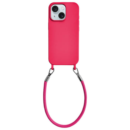 For iPhone 15 Integrated Lanyard Loops Shockproof Silicone Phone Case with Leather Hand Lanyard - Red - EDA009745912A