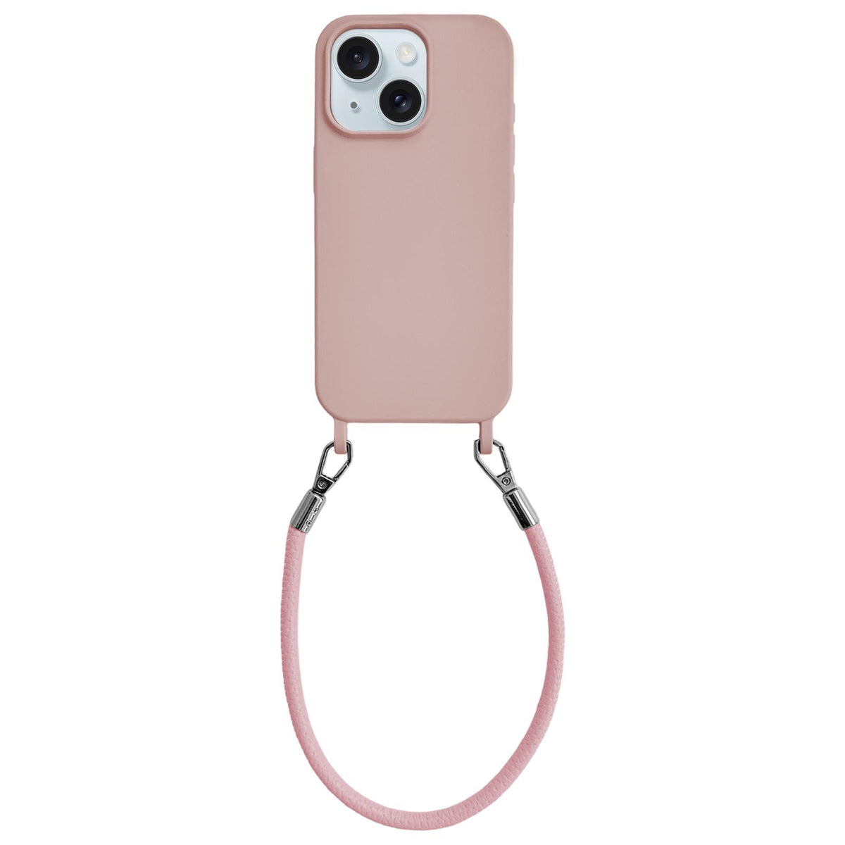 For iPhone 15 Integrated Lanyard Loops Shockproof Silicone Phone Case with Leather Hand Lanyard - Pink - EDA009745912E