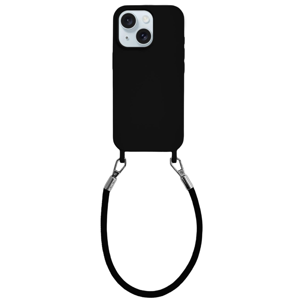 For iPhone 15 Integrated Lanyard Loops Shockproof Silicone Phone Case with Leather Hand Lanyard - Black - EDA009745912F
