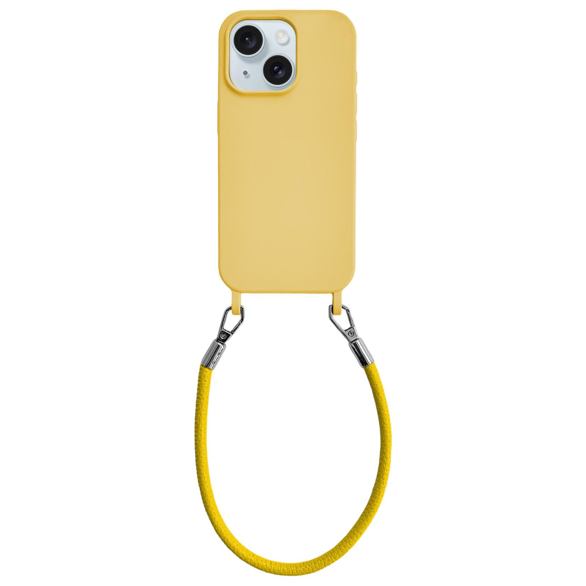 For iPhone 15 Integrated Lanyard Loops Shockproof Silicone Phone Case with Leather Hand Lanyard - Yellow - EDA009745912G