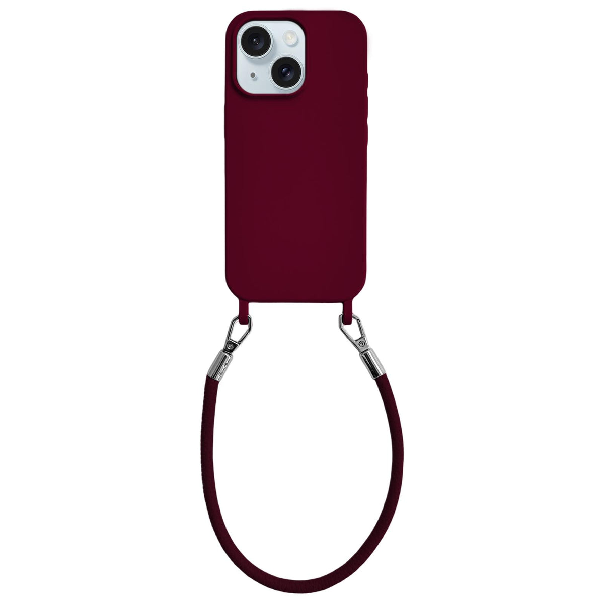 For iPhone 15 Integrated Lanyard Loops Shockproof Silicone Phone Case with Leather Hand Lanyard - Wine Red - EDA009745912H