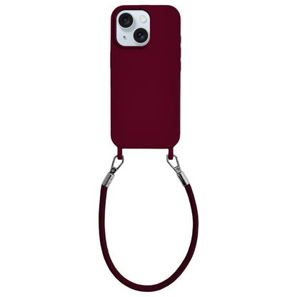For iPhone 15 Integrated Lanyard Loops Shockproof Silicone Phone Case with Leather Hand Lanyard - Wine Red - EDA009745912H