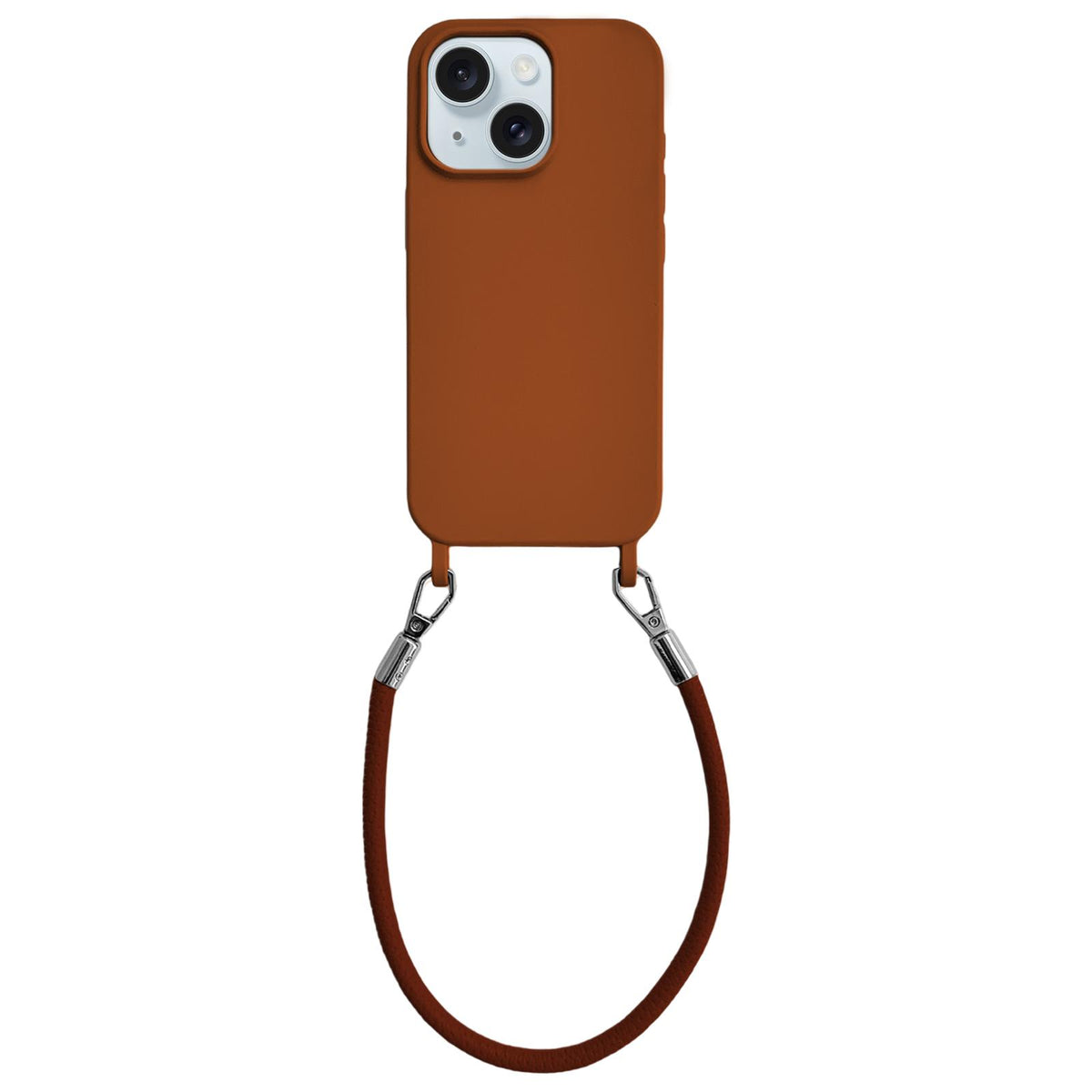 For iPhone 15 Integrated Lanyard Loops Shockproof Silicone Phone Case with Leather Hand Lanyard - Brown - EDA009745912I