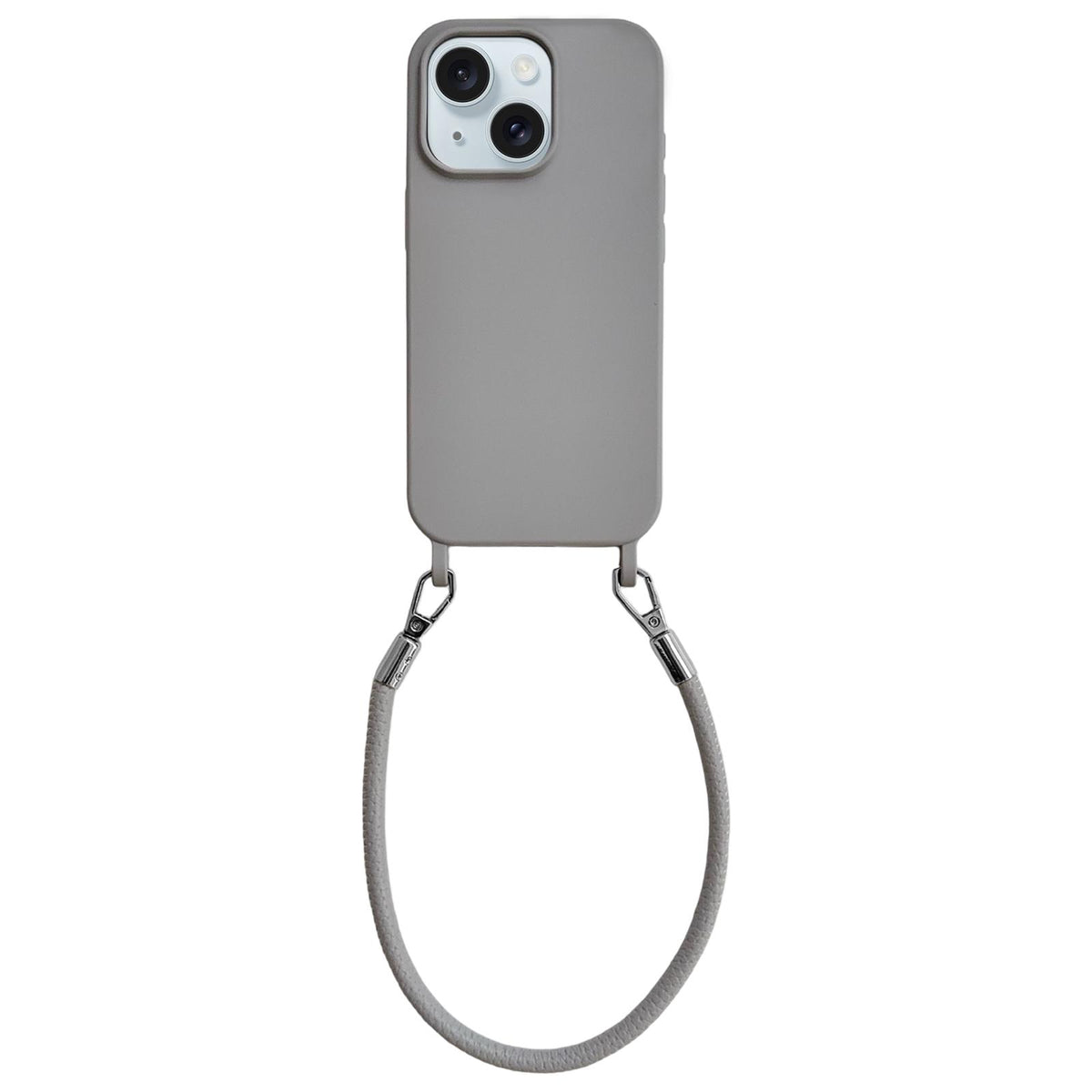For iPhone 15 Integrated Lanyard Loops Shockproof Silicone Phone Case with Leather Hand Lanyard - Gray - EDA009745912K