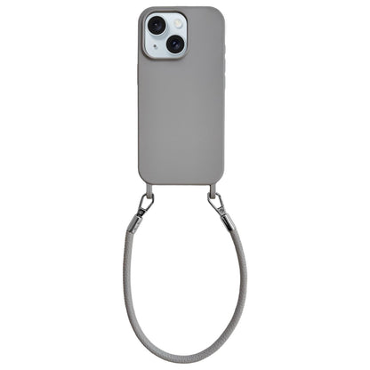 For iPhone 15 Integrated Lanyard Loops Shockproof Silicone Phone Case with Leather Hand Lanyard - Gray - EDA009745912K