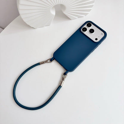 For iPhone 15 Integrated Lanyard Loops Shockproof Silicone Phone Case with Leather Hand Lanyard - Blue - EDA009745912P
