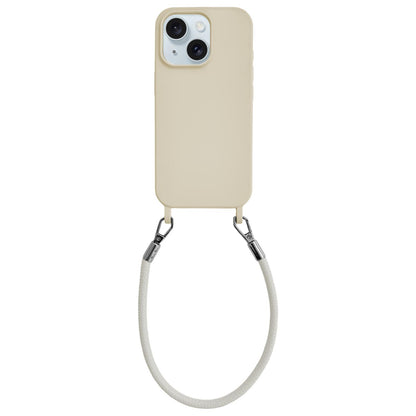 For iPhone 15 Integrated Lanyard Loops Shockproof Silicone Phone Case with Leather Hand Lanyard - Beige - EDA009745912Q