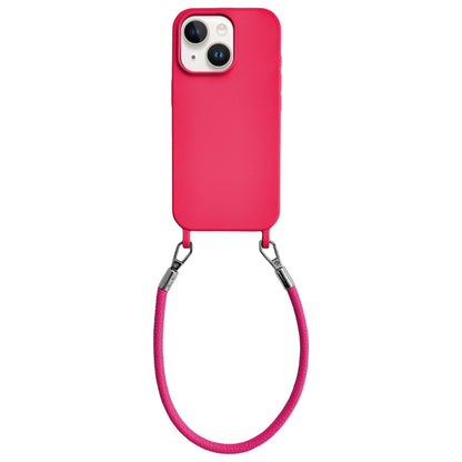 For iPhone 14 Plus Integrated Lanyard Loops Shockproof Silicone Phone Case with Leather Hand Lanyard - Red - EDA009745913A