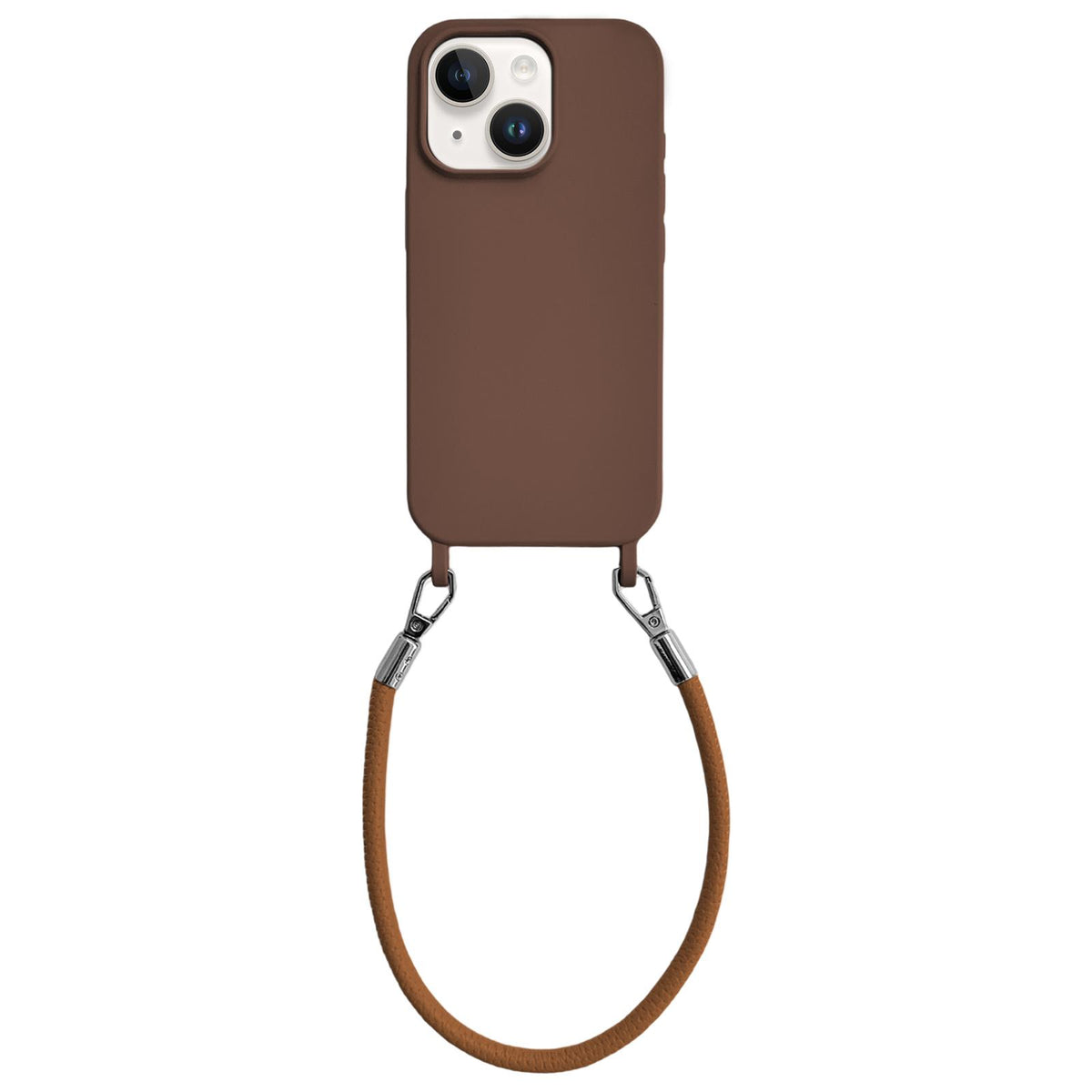 For iPhone 14 Plus Integrated Lanyard Loops Shockproof Silicone Phone Case with Leather Hand Lanyard - Coffee - EDA009745913C