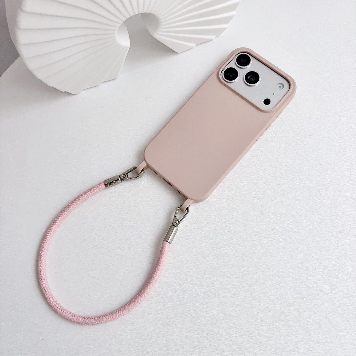 For iPhone 14 Plus Integrated Lanyard Loops Shockproof Silicone Phone Case with Leather Hand Lanyard - Pink - EDA009745913E