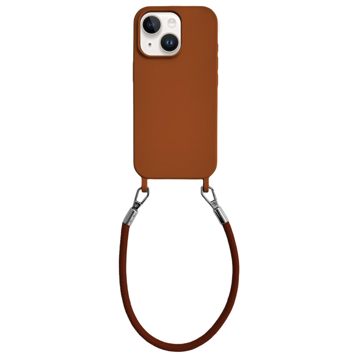 For iPhone 14 Plus Integrated Lanyard Loops Shockproof Silicone Phone Case with Leather Hand Lanyard - Brown - EDA009745913I