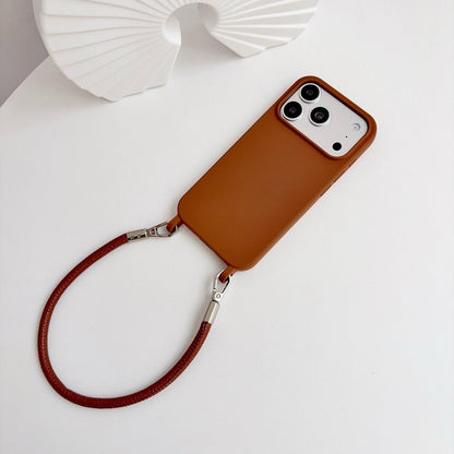 For iPhone 14 Plus Integrated Lanyard Loops Shockproof Silicone Phone Case with Leather Hand Lanyard - Brown - EDA009745913I