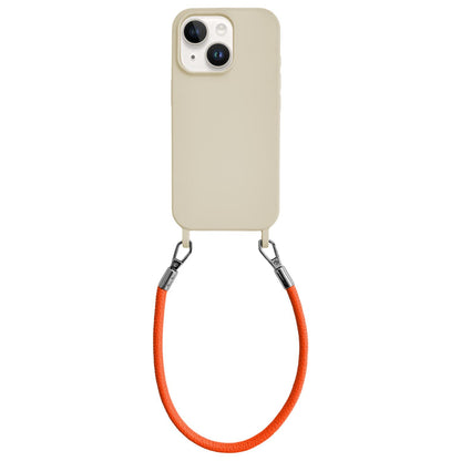 For iPhone 14 Plus Integrated Lanyard Loops Shockproof Silicone Phone Case with Leather Hand Lanyard - Beige + Orange - EDA009745913N