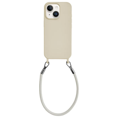 For iPhone 14 Plus Integrated Lanyard Loops Shockproof Silicone Phone Case with Leather Hand Lanyard - Beige - EDA009745913Q