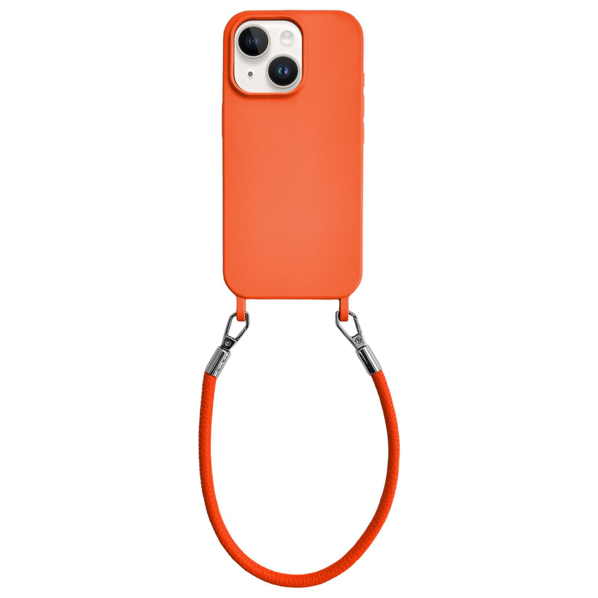 For iPhone 14 Plus Integrated Lanyard Loops Shockproof Silicone Phone Case with Leather Hand Lanyard - Orange - EDA009745913R