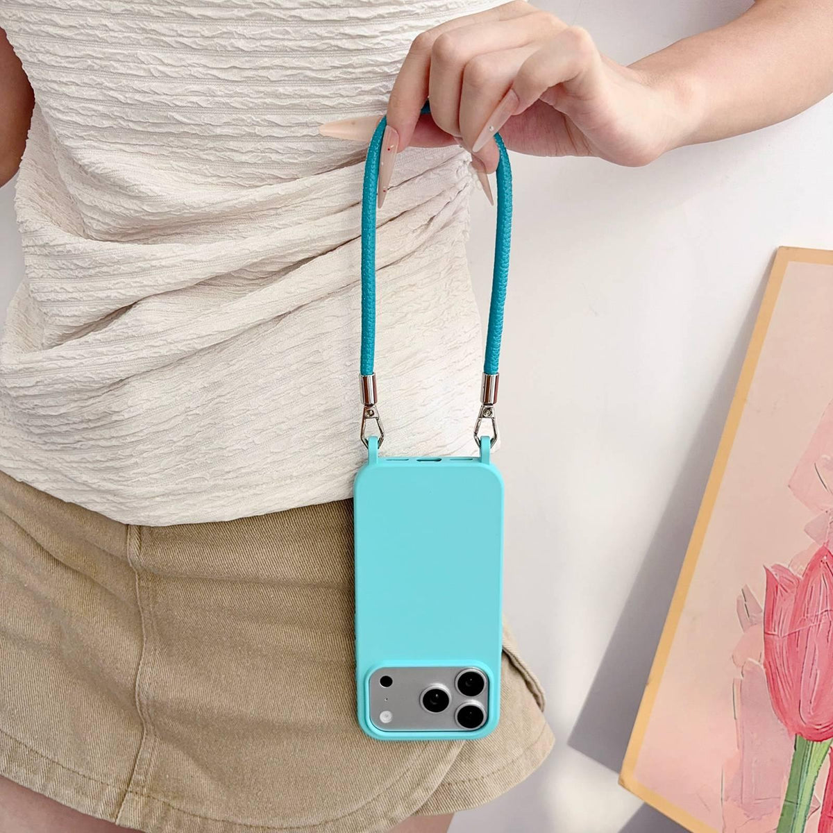 For iPhone 14 Integrated Lanyard Loops Shockproof Silicone Phone Case with Leather Hand Lanyard - Light Blue - EDA009745914B
