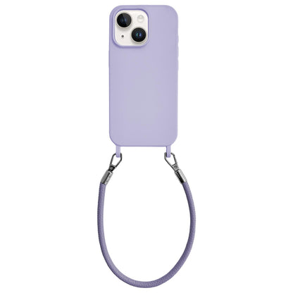 For iPhone 14 Integrated Lanyard Loops Shockproof Silicone Phone Case with Leather Hand Lanyard - Purple - EDA009745914D