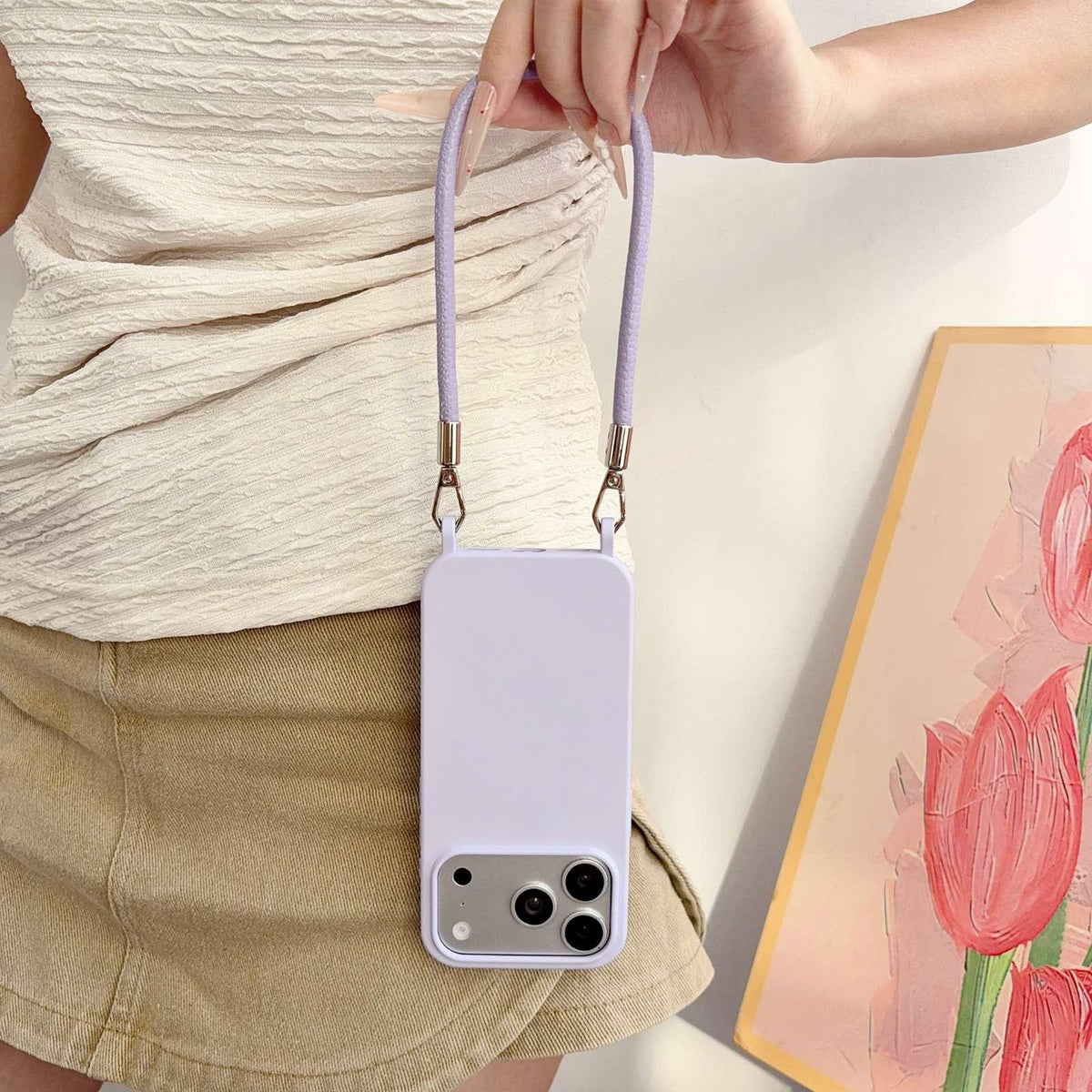 For iPhone 14 Integrated Lanyard Loops Shockproof Silicone Phone Case with Leather Hand Lanyard - Purple - EDA009745914D