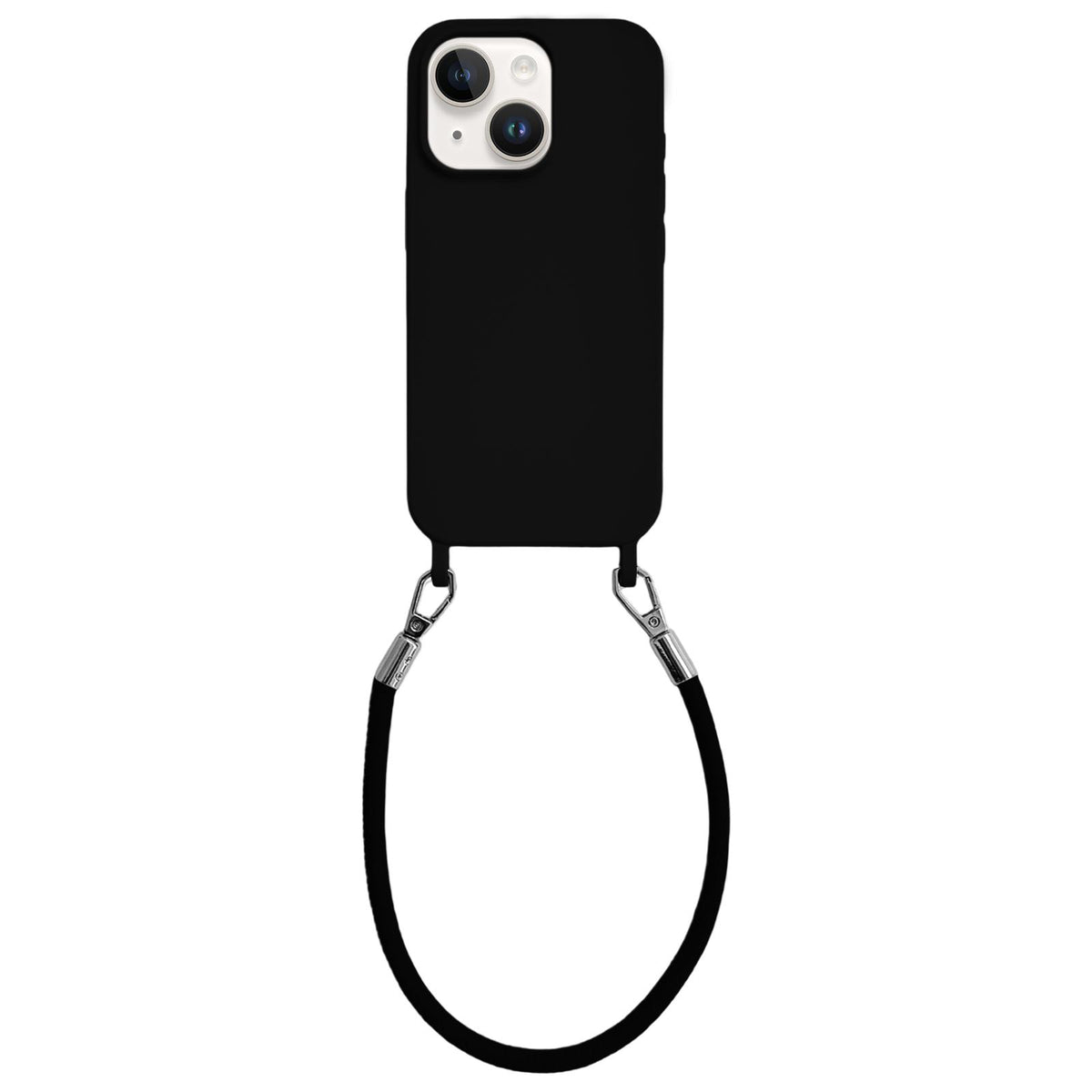 For iPhone 14 Integrated Lanyard Loops Shockproof Silicone Phone Case with Leather Hand Lanyard - Black - EDA009745914F