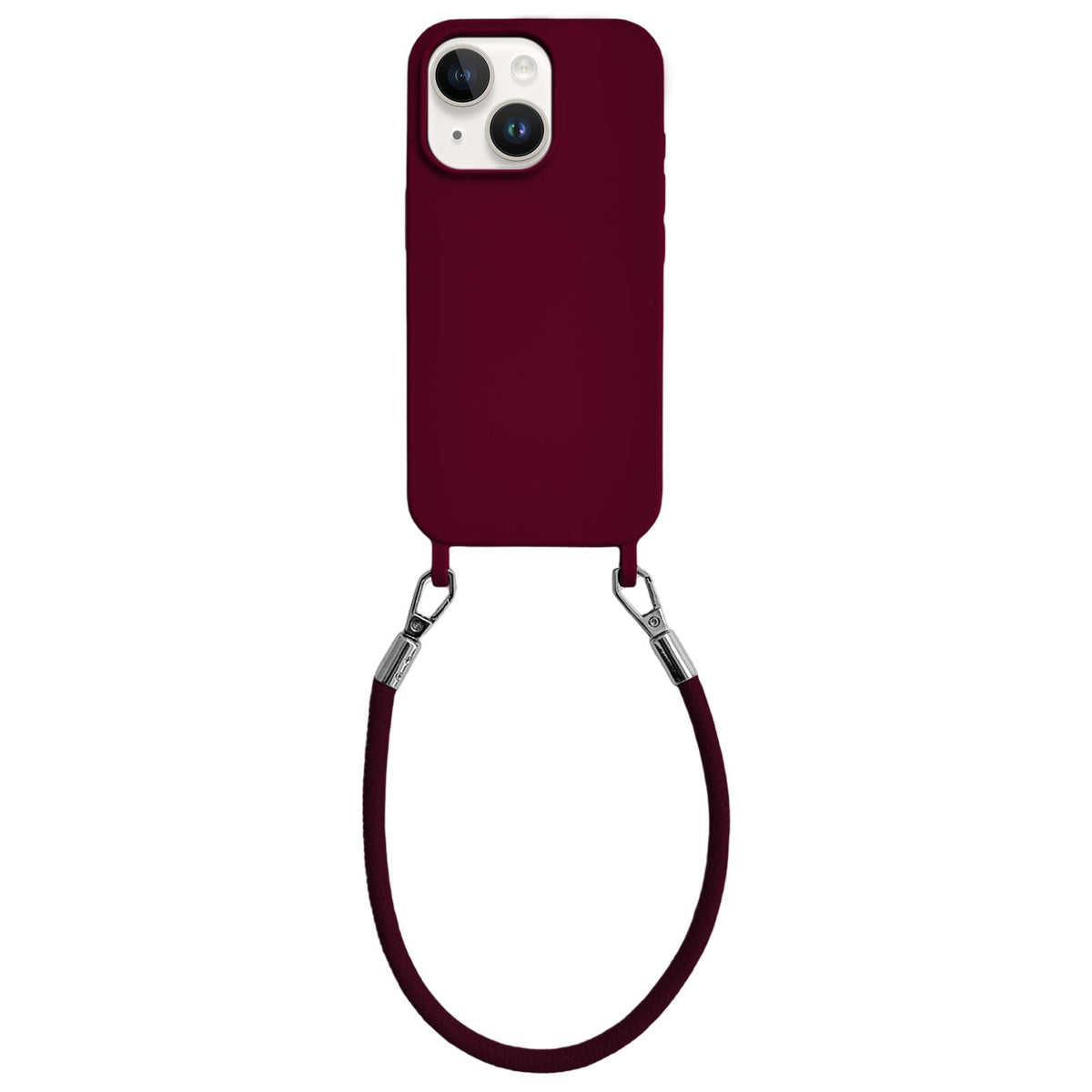 For iPhone 14 Integrated Lanyard Loops Shockproof Silicone Phone Case with Leather Hand Lanyard - Wine Red - EDA009745914H