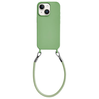 For iPhone 14 Integrated Lanyard Loops Shockproof Silicone Phone Case with Leather Hand Lanyard - Green - EDA009745914J