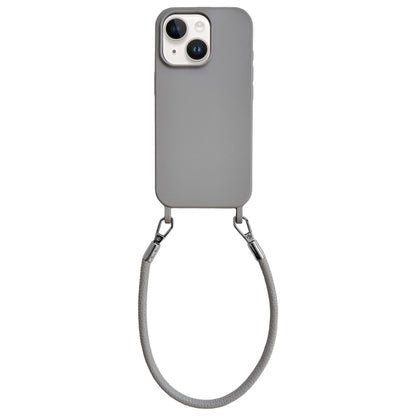 For iPhone 14 Integrated Lanyard Loops Shockproof Silicone Phone Case with Leather Hand Lanyard - Gray - EDA009745914K