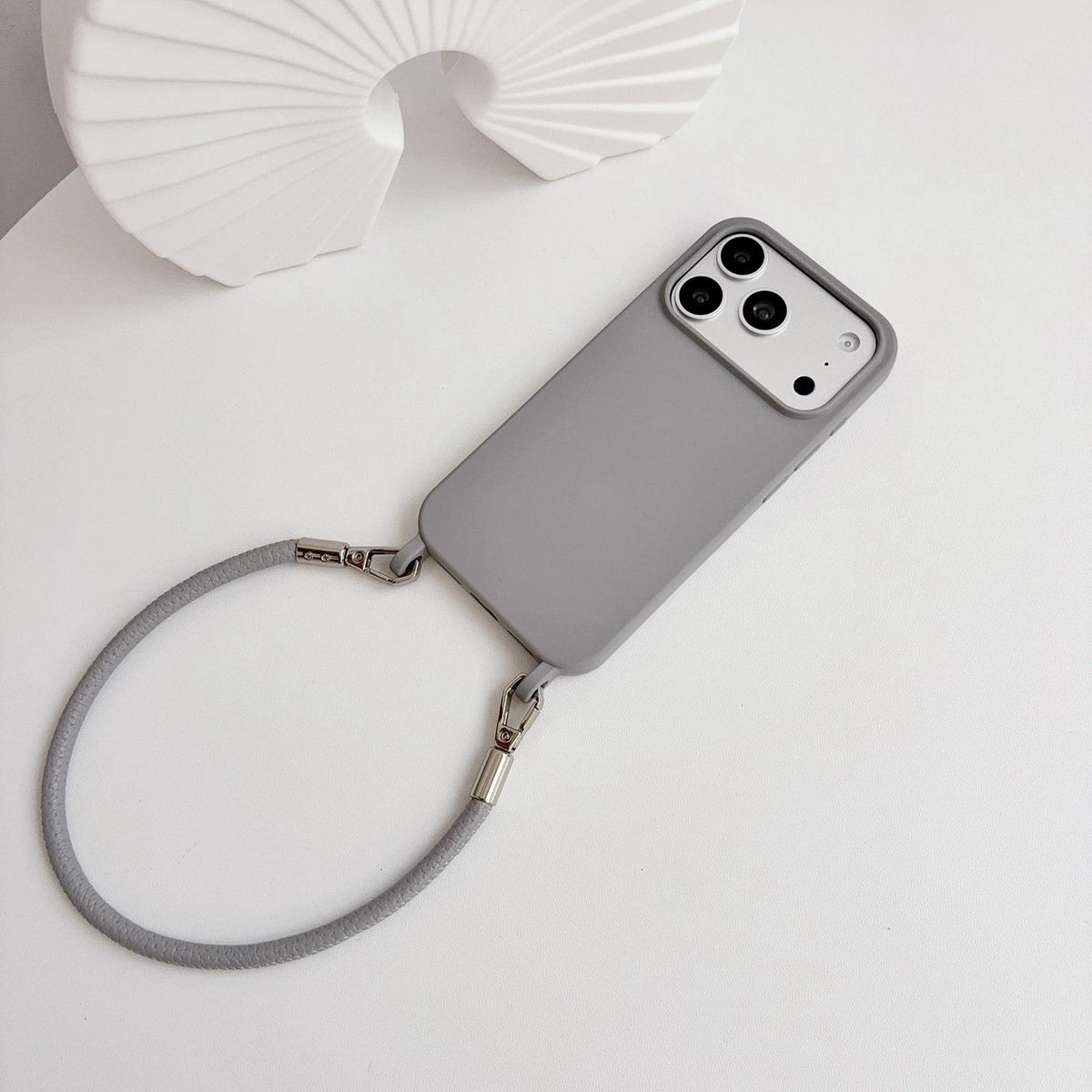 For iPhone 14 Integrated Lanyard Loops Shockproof Silicone Phone Case with Leather Hand Lanyard - Gray - EDA009745914K