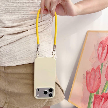 For iPhone 14 Integrated Lanyard Loops Shockproof Silicone Phone Case with Leather Hand Lanyard - Beige + Yellow - EDA009745914O