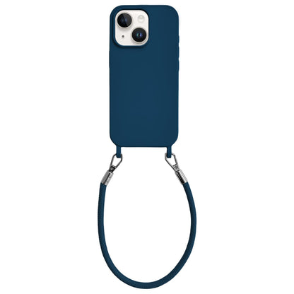 For iPhone 14 Integrated Lanyard Loops Shockproof Silicone Phone Case with Leather Hand Lanyard - Blue - EDA009745914P