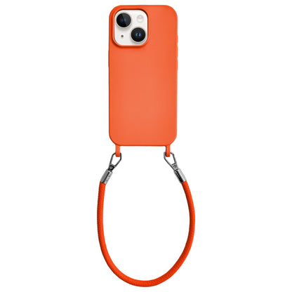 For iPhone 14 Integrated Lanyard Loops Shockproof Silicone Phone Case with Leather Hand Lanyard - Orange - EDA009745914R