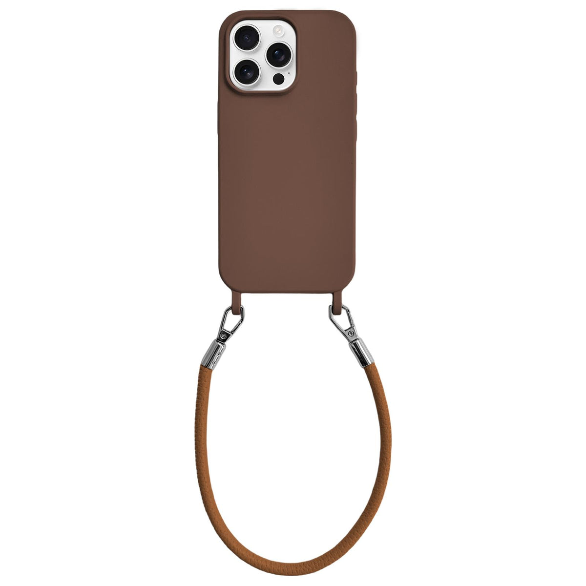 For iPhone 14 Pro Integrated Lanyard Loops Shockproof Silicone Phone Case with Leather Hand Lanyard - Coffee - EDA009745915C