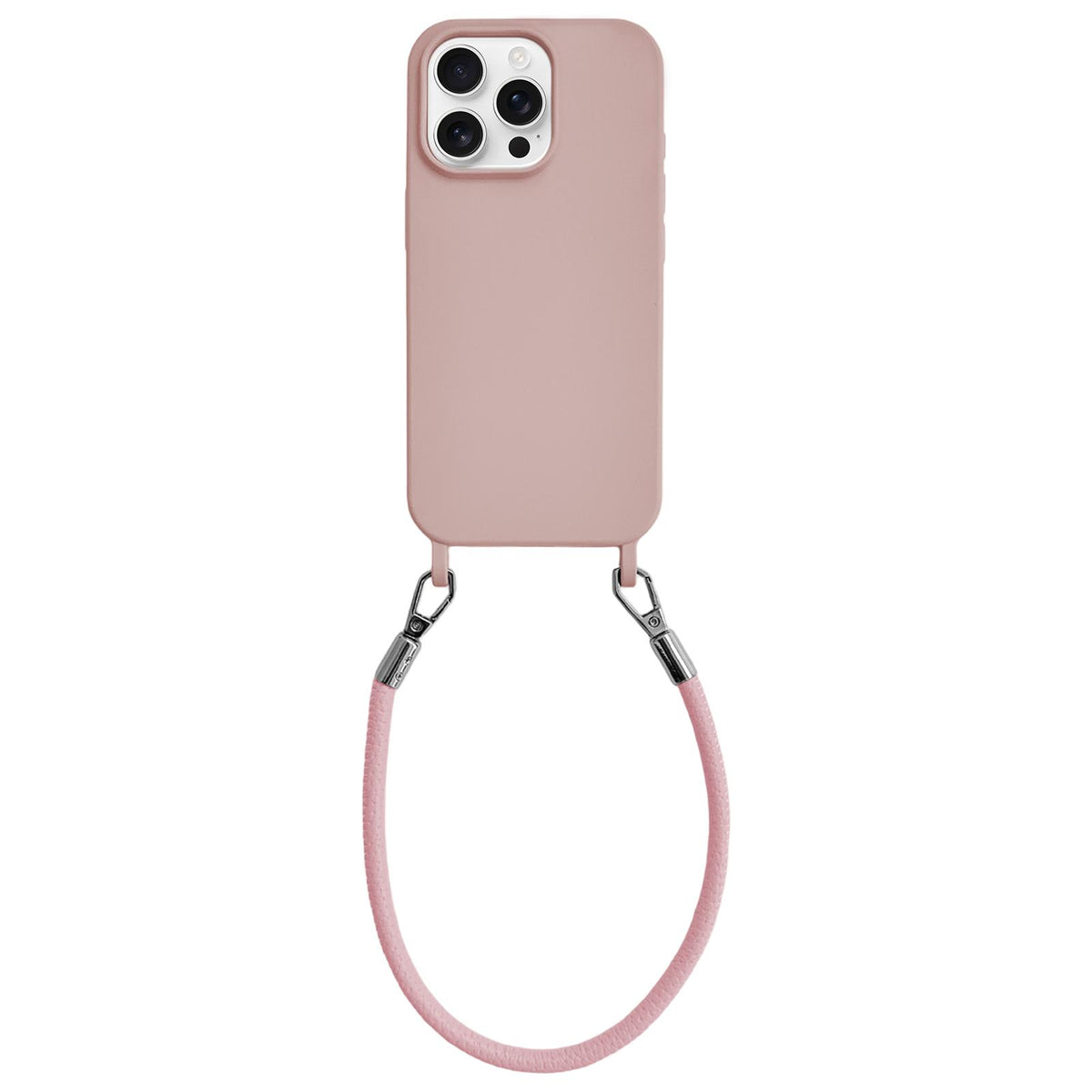 For iPhone 14 Pro Integrated Lanyard Loops Shockproof Silicone Phone Case with Leather Hand Lanyard - Pink - EDA009745915E