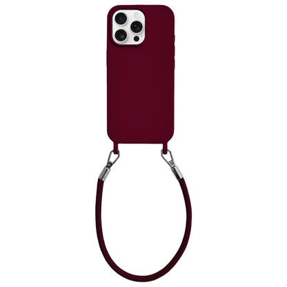 For iPhone 14 Pro Integrated Lanyard Loops Shockproof Silicone Phone Case with Leather Hand Lanyard - Wine Red - EDA009745915H