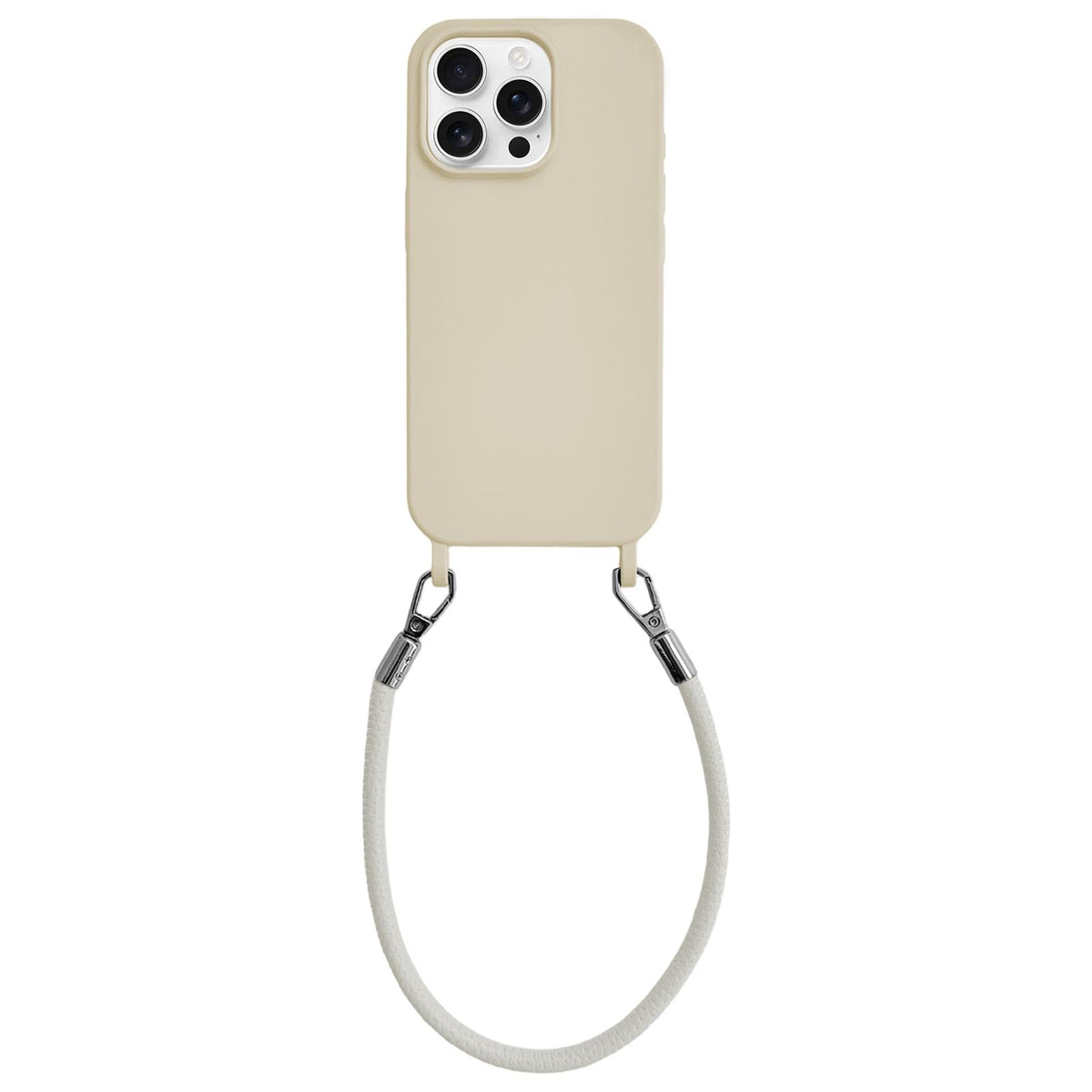 For iPhone 14 Pro Integrated Lanyard Loops Shockproof Silicone Phone Case with Leather Hand Lanyard - Beige - EDA009745915Q