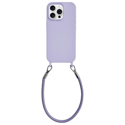 For iPhone 14 Pro Max Integrated Lanyard Loops Shockproof Silicone Phone Case with Leather Hand Lanyard - Purple - EDA009745916D