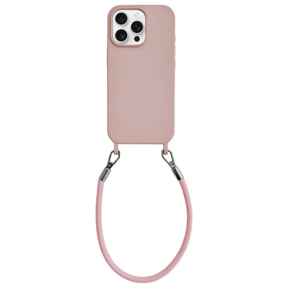 For iPhone 14 Pro Max Integrated Lanyard Loops Shockproof Silicone Phone Case with Leather Hand Lanyard - Pink - EDA009745916E