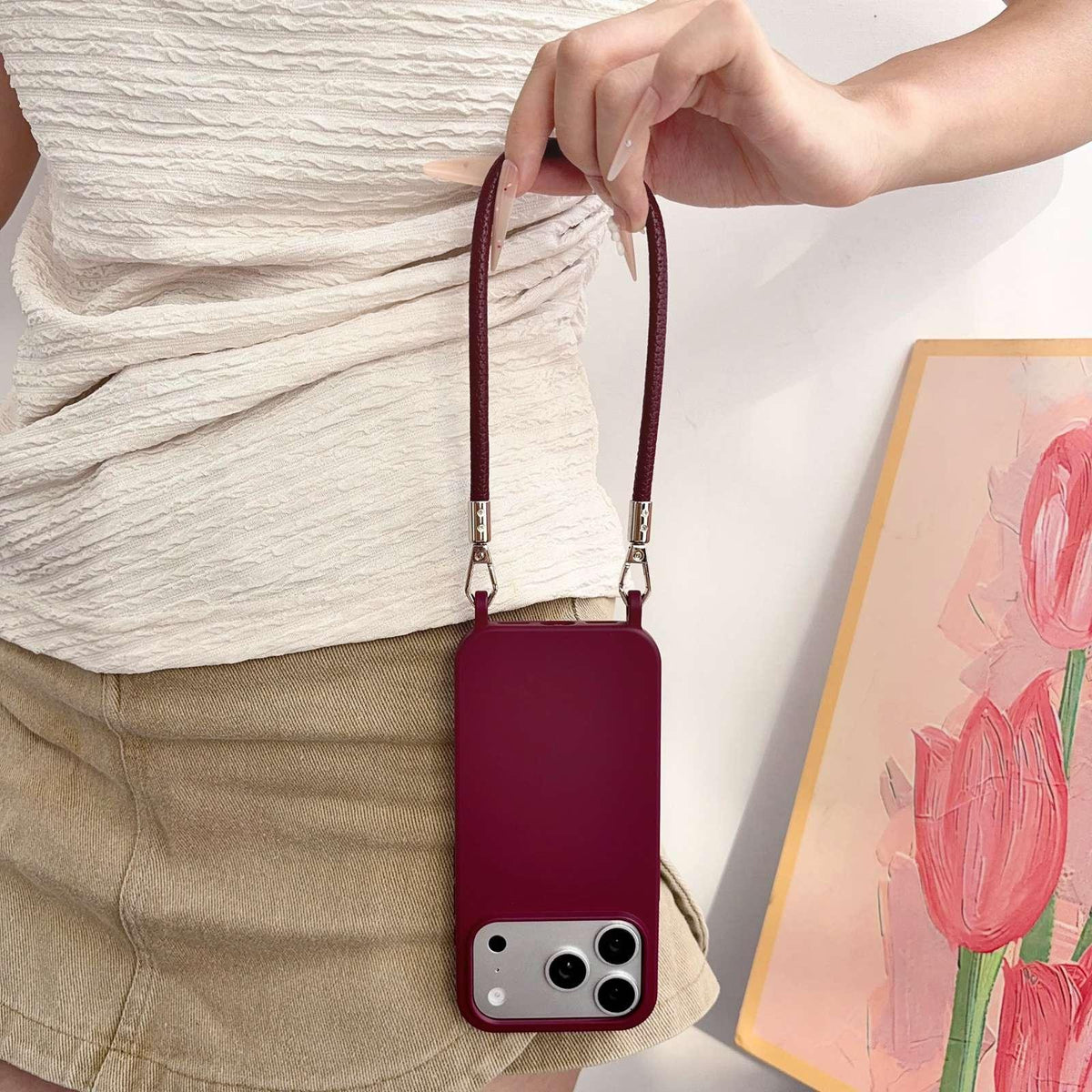 For iPhone 14 Pro Max Integrated Lanyard Loops Shockproof Silicone Phone Case with Leather Hand Lanyard - Wine Red - EDA009745916H