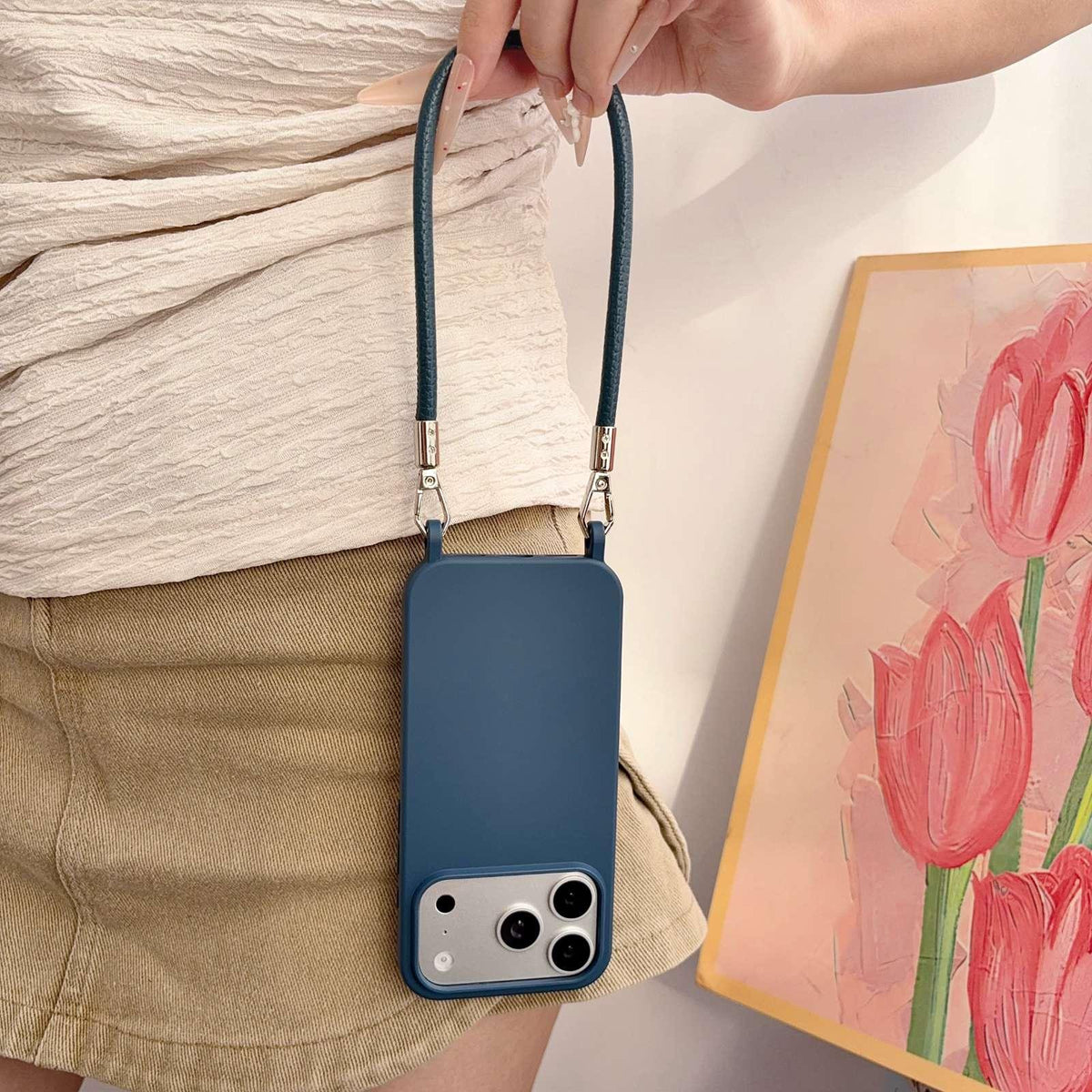 For iPhone 14 Pro Max Integrated Lanyard Loops Shockproof Silicone Phone Case with Leather Hand Lanyard - Blue - EDA009745916P