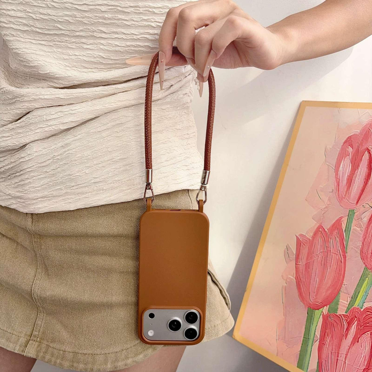 For iPhone 13 Pro Max Integrated Lanyard Loops Shockproof Silicone Phone Case with Leather Hand Lanyard - Brown - EDA009745917I