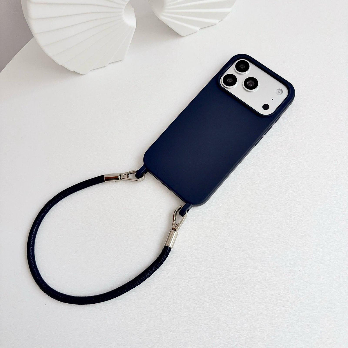 For iPhone 13 Pro Max Integrated Lanyard Loops Shockproof Silicone Phone Case with Leather Hand Lanyard - Dark Blue - EDA009745917L