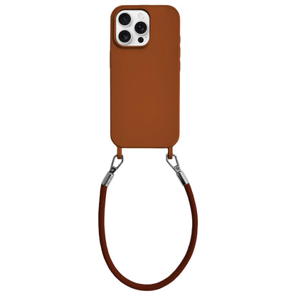 For iPhone 13 Pro Integrated Lanyard Loops Shockproof Silicone Phone Case with Leather Hand Lanyard - Brown - EDA009745918I