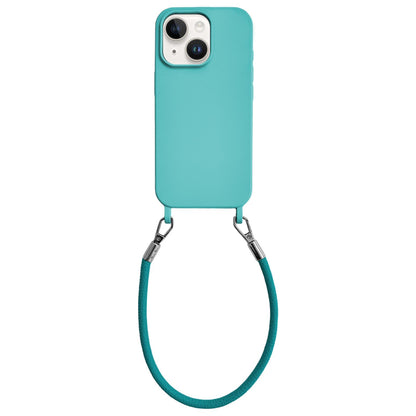 For iPhone 13 Integrated Lanyard Loops Shockproof Silicone Phone Case with Leather Hand Lanyard - Light Blue - EDA009745919B
