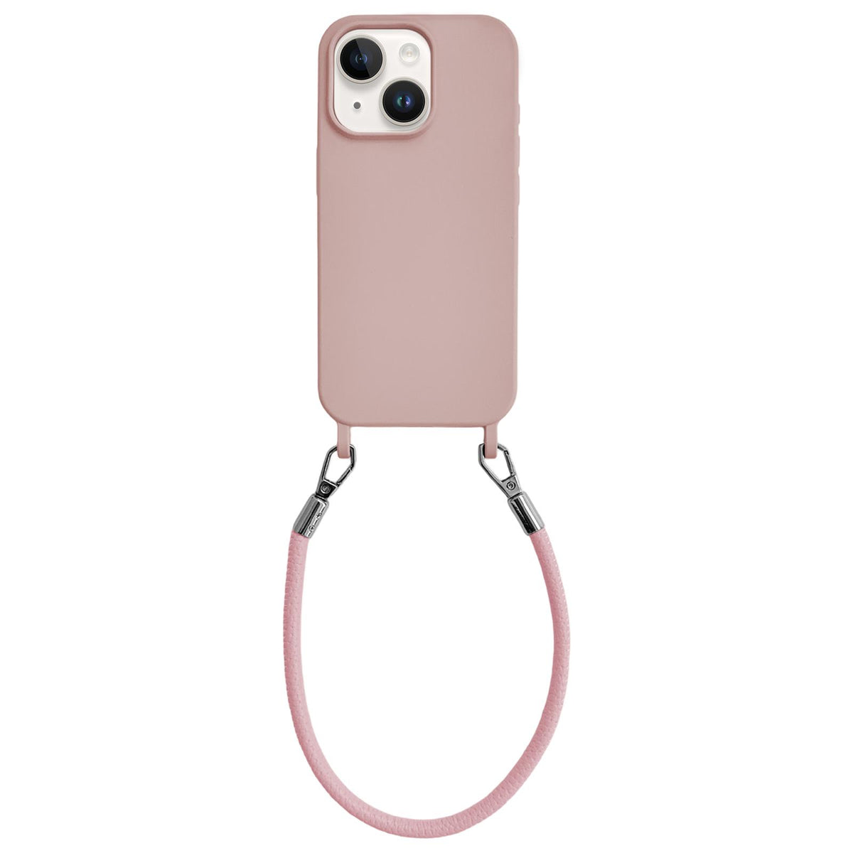 For iPhone 13 Integrated Lanyard Loops Shockproof Silicone Phone Case with Leather Hand Lanyard - Pink - EDA009745919E