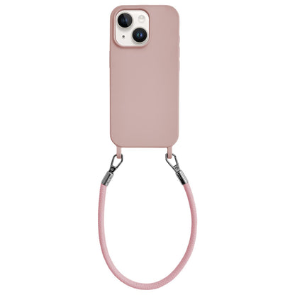For iPhone 13 Integrated Lanyard Loops Shockproof Silicone Phone Case with Leather Hand Lanyard - Pink - EDA009745919E