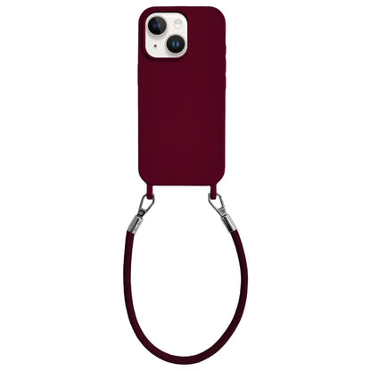 For iPhone 13 Integrated Lanyard Loops Shockproof Silicone Phone Case with Leather Hand Lanyard - Wine Red - EDA009745919H